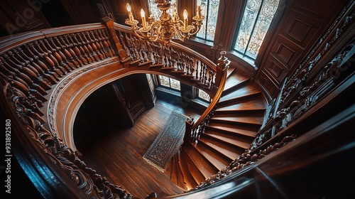 a grand, spiral staircase in a historic building, featuring ornate ironwork, polished wooden steps, and an elegant chandelier hanging from the ceiling