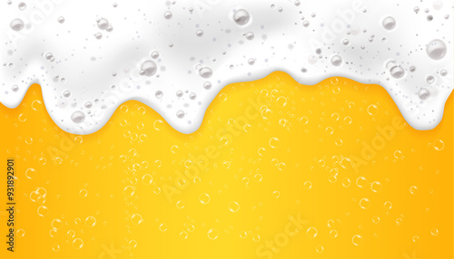 Realistic beer background with flowting foam and bubbles 