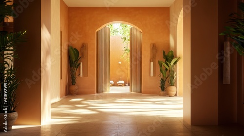 Sunlit Interior Hallway with Arched Entryway and Tropical Plants