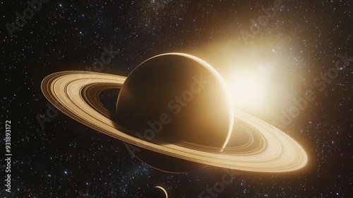 A detailed shot of Saturn, with its iconic rings casting shadows on the planet's surface, set against a backdrop of stars