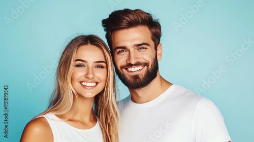 Portrait of a happy young couple in white t-shirts smiling against a blue background.