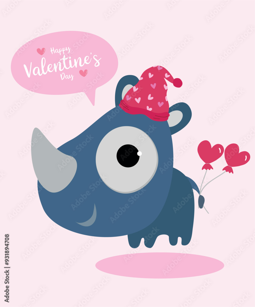 Cute Happy Valentine's Day Illustration at Rhino and Hearts Balloons Cute Happy Valentine's Day Illustration at Rhino and Hearts Balloons