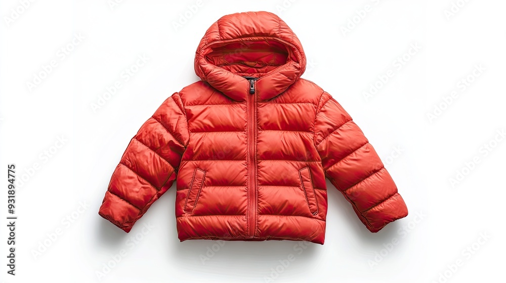Red hooded puffer jacket with zipper closure and two pockets isolated on a white background.