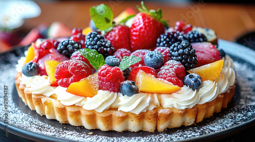 Tasty sweet tartalette with various fruits and berries photo