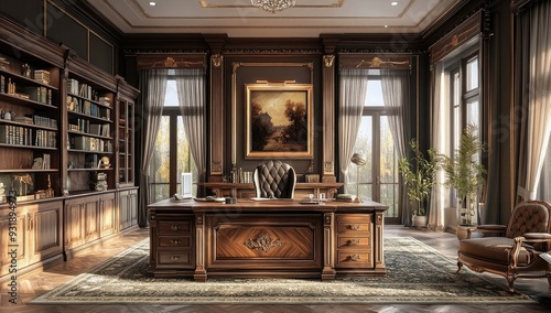 3D rendering of a luxury home office interior design with a wooden desk, bookcase, and armchair. 