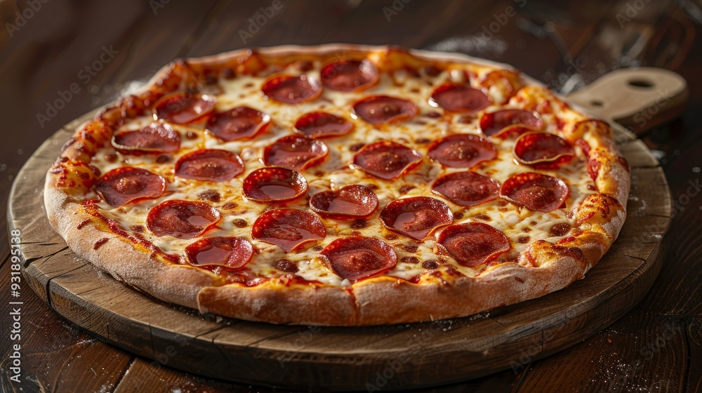 Pepperoni pizza on wooden tray in cozy restaurant setting. Thick crust, melted cheese. Pepperoni pizza on wooden tray in cozy restaurant setting. Thick crust, melted cheese.