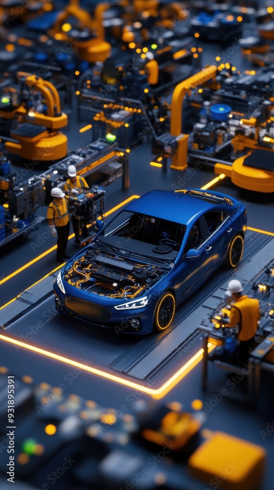A modern car on an assembly line, showcasing advanced robotics and teamwork in automotive manufacturing. A modern car on an assembly line, showcasing advanced robotics and teamwork in automotive manufacturing.