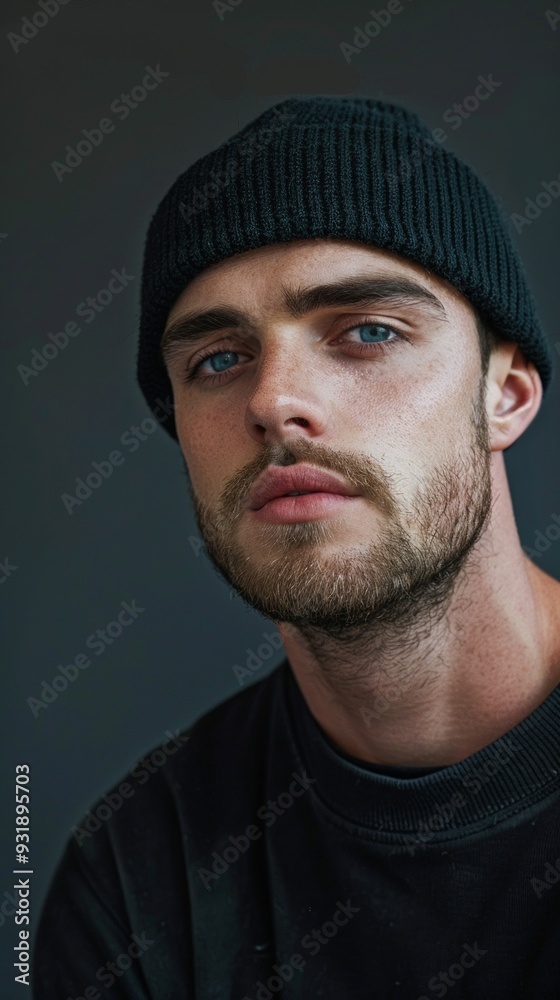 Portrait of a serious young man with blue eyes and a beard in black attire and beanie. Dark grey background highlights the subject. Portrait of a serious young man with blue eyes and a beard in black attire and beanie. Dark grey background highlights the subject.