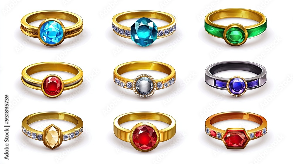Set of 9 rings with colorful gems, diamonds and gold. Set of 9 rings with colorful gems, diamonds and gold.