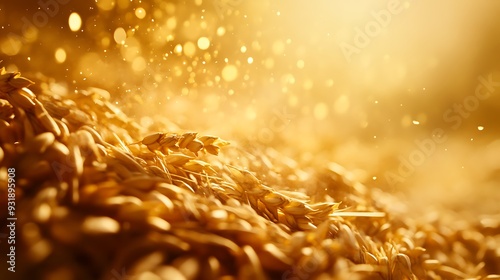 Golden Wheat Spikes in a Field of Grain with Sparkling Sunlight