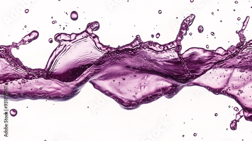 A vivid splash of purple juice arcs gracefully across the frame, with droplets suspended in mid-air against a white background. The juice is a deep, vibrant purple, with hints of burgundy, suggesting