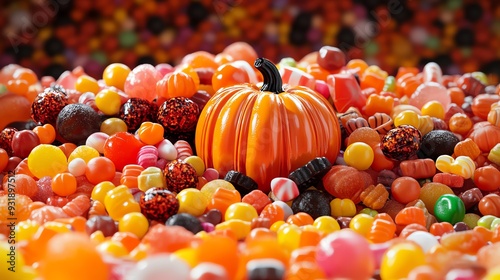 Craft a realistic, mouth-watering pile of assorted Halloween candies arranged in a captivating display, inviting viewers to indulge in the sweet magic of the season photo