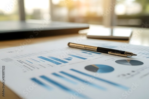 Blue graphs and charts. Business reports and a stack of documents on the desk. Report preparation.