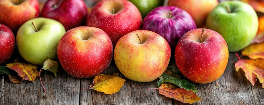 A rustic display of heirloom apples in a variety of colors and shapes A rustic display of heirloom apples in a variety of colors and shapes