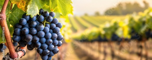 A vineyard in autumn, with rows of grapevines heavy with fruit, ready for harvest, Grape Varieties in Autumn, focusing on the peak growth period for wine grapes photo