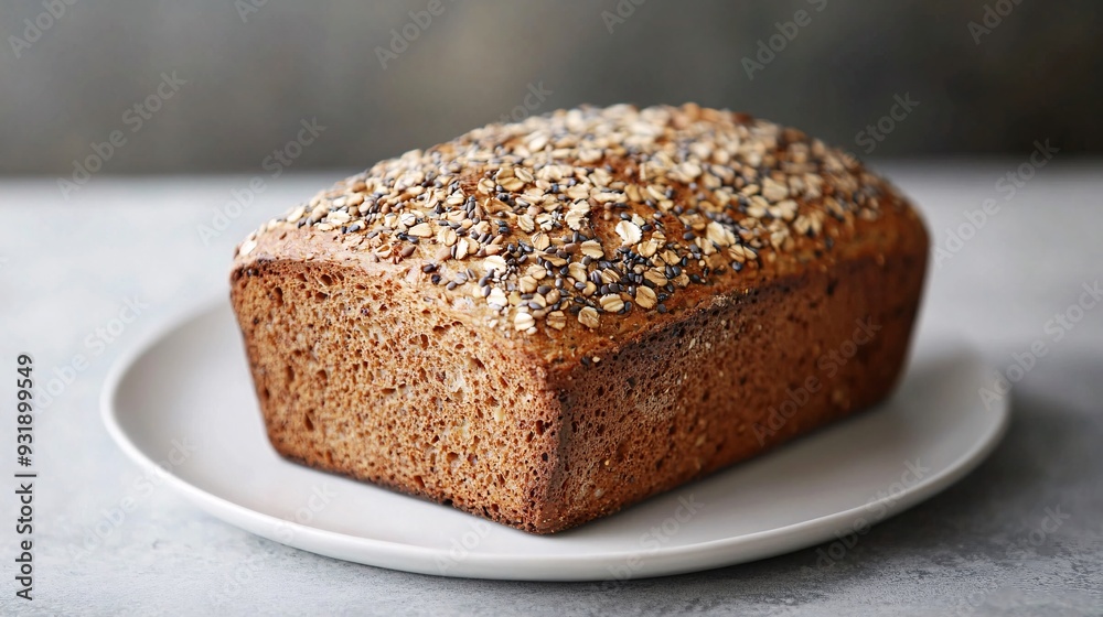 A freshly baked loaf of multigrain bread, with visible seeds and grains in the crust, sits on a simple white plate. The loaf is uncut, showcasing its dense, nutritious appearance. The background is a A freshly baked loaf of multigrain bread, with visible seeds and grains in the crust, sits on a simple white plate. The loaf is uncut, showcasing its dense, nutritious appearance. The background is a