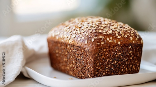 A freshly baked loaf of multigrain bread, with visible seeds and grains in the crust, sits on a simple white plate. The loaf is uncut, showcasing its dense, nutritious appearance. The background is a