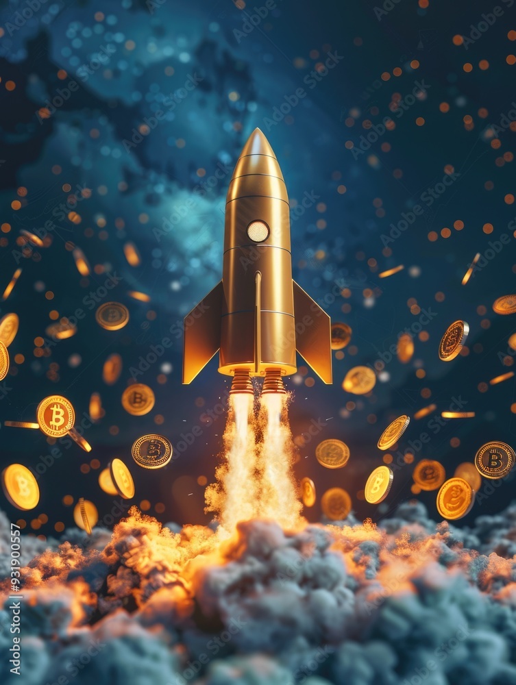 Fototapeta premium Rocket Taking Off From Cloud of Coins