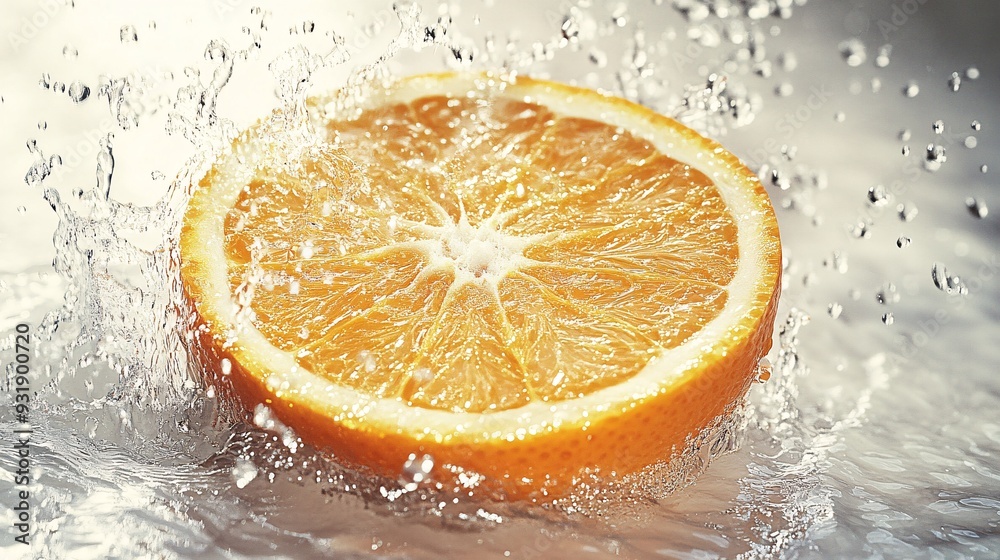 A vibrant, juicy orange sliced in half, with droplets of water clinging to its fresh, textured peel. The orange is captured mid-air, surrounded by a dynamic splash of water, creating a sense of A vibrant, juicy orange sliced in half, with droplets of water clinging to its fresh, textured peel. The orange is captured mid-air, surrounded by a dynamic splash of water, creating a sense of