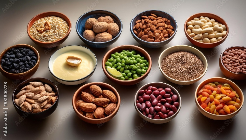 Diverse Meal Options Displayed in Bowls: Highlighting Common Allergens like Peanuts, Dairy, and Gluten Diverse Meal Options Displayed in Bowls: Highlighting Common Allergens like Peanuts, Dairy, and Gluten