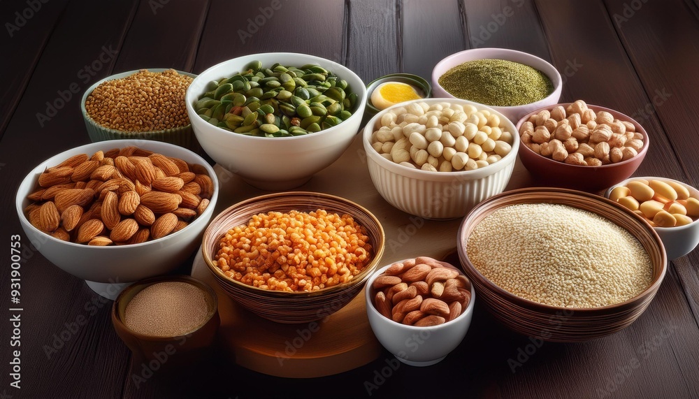 Diverse Meal Options Displayed in Bowls: Highlighting Common Allergens like Peanuts, Dairy, and Gluten Diverse Meal Options Displayed in Bowls: Highlighting Common Allergens like Peanuts, Dairy, and Gluten