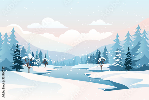 Beautiful winter natural landscape. Winter daytime snowy landscape with forest, river, snowdrifts, mountains, snow-covered trees and clouds. Winter nature vector illustration. It's Christmas time.
