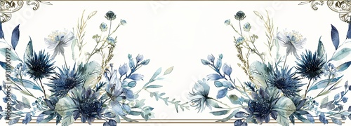 Artistic watercolor floral design with a focus on blue flowers and delicate botanical elements
