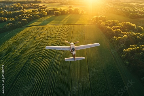 A small plane is flying over an expansive green farm field at sunrise