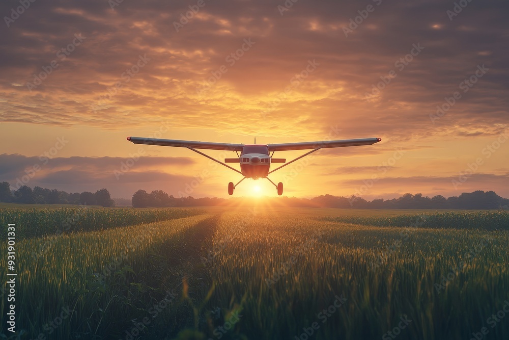 A small plane is flying over an expansive green farm field at sunrise A small plane is flying over an expansive green farm field at sunrise