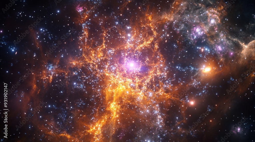 A close-up view of an irregular galaxy with chaotic star formations and vibrant colors, set against the dark void of space A close-up view of an irregular galaxy with chaotic star formations and vibrant colors, set against the dark void of space