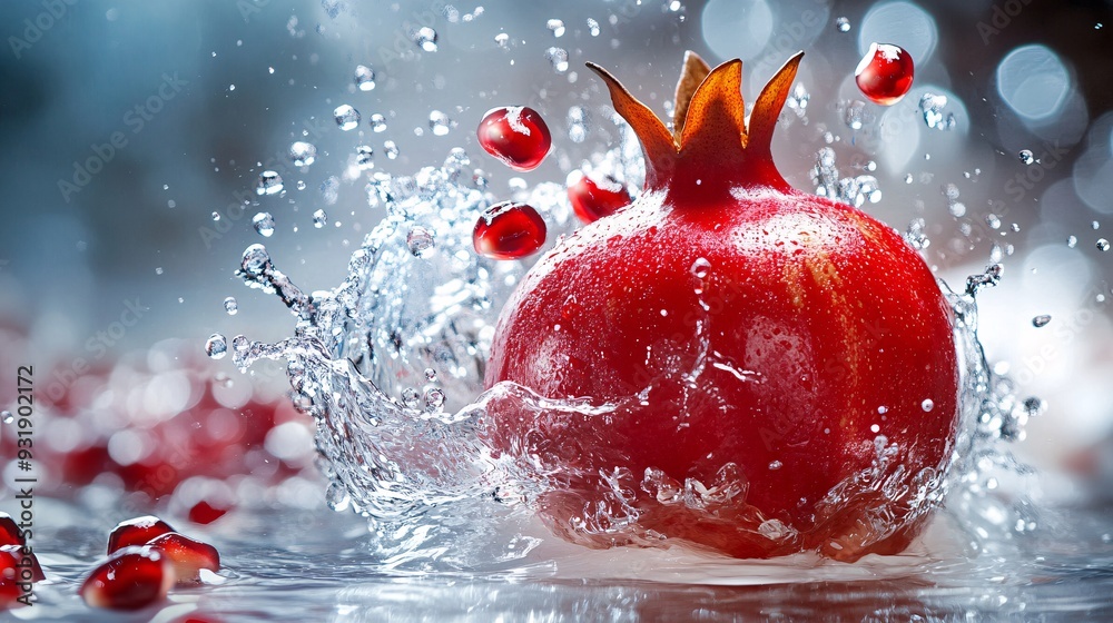 A vibrant, juicy pomegranate, with its seeds bursting out, captured in mid-air as a splash of water surrounds it. The rich red color of the pomegranate and its seeds contrast with the clear water,