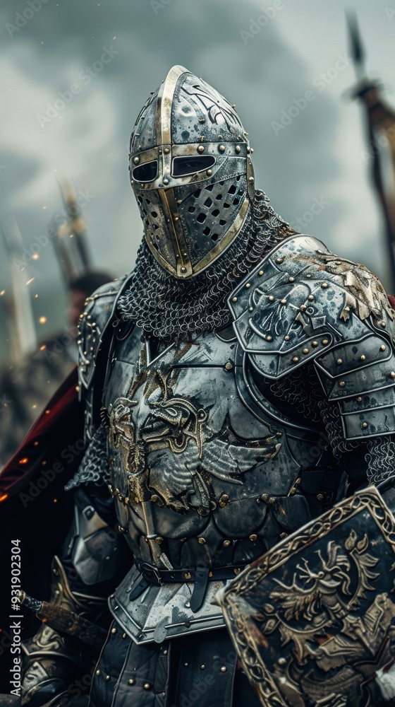 Obraz premium A heavily armored warrior stands ready for battle in a dramatic medieval setting