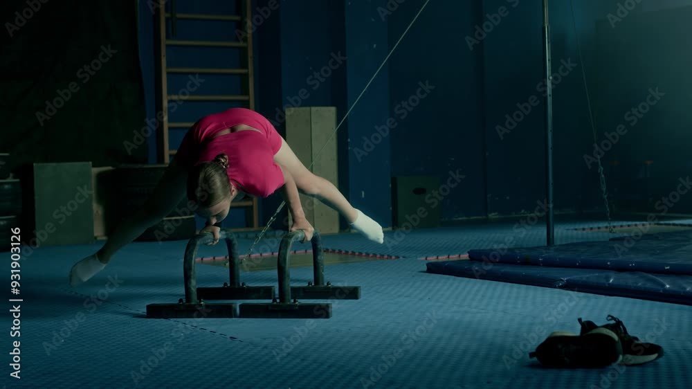 Caucasian sporty girl practicing straddle planche on one arm while training in dark gym
