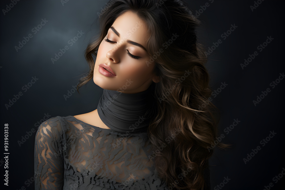 Beautiful young woman with long dark hair is gently touching her face with her eyes closed, conveying a sense of tranquility and self reflection Beautiful young woman with long dark hair is gently touching her face with her eyes closed, conveying a sense of tranquility and self reflection