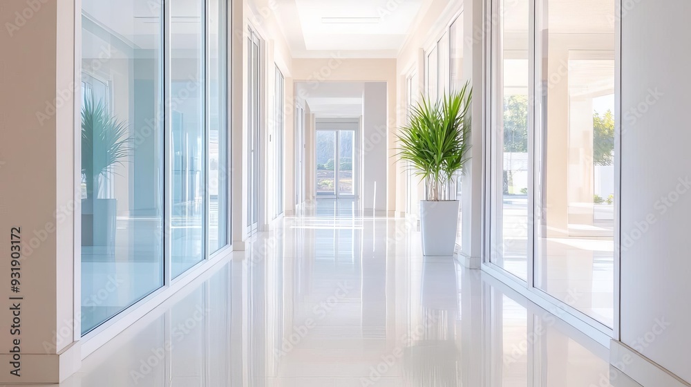 Clear glass windows in a spacious hallway, clear glass windows, flooding the corridor with natural light Clear glass windows in a spacious hallway, clear glass windows, flooding the corridor with natural light