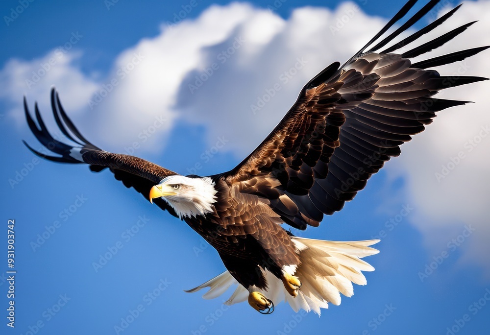 majestic bald eagle soaring gracefully through vibrant blue sky fluffy white clouds, bird, wildlife, nature, freedom, wings, flight, feathers, horizon