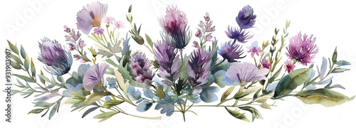  watercolor painting of wildflowers and thistles arranged in a graceful floral border. This vintage-style botanical illustration brings a touch of the countryside into your home