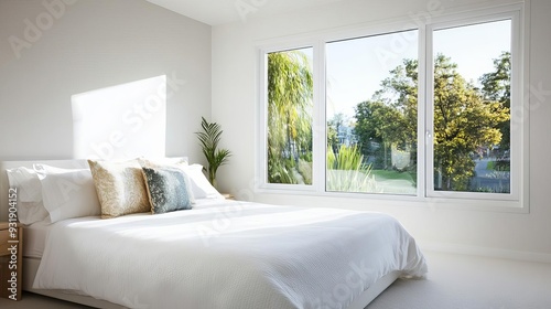 Clear glass windows in a cozy bedroom, clear glass windows, inviting natural light for a warm and comfortable space