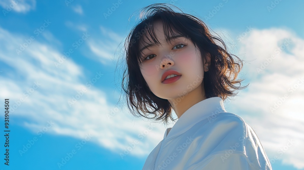 Young woman with short black hair looking at the camera with a cloudy blue sky in the background. Young woman with short black hair looking at the camera with a cloudy blue sky in the background.