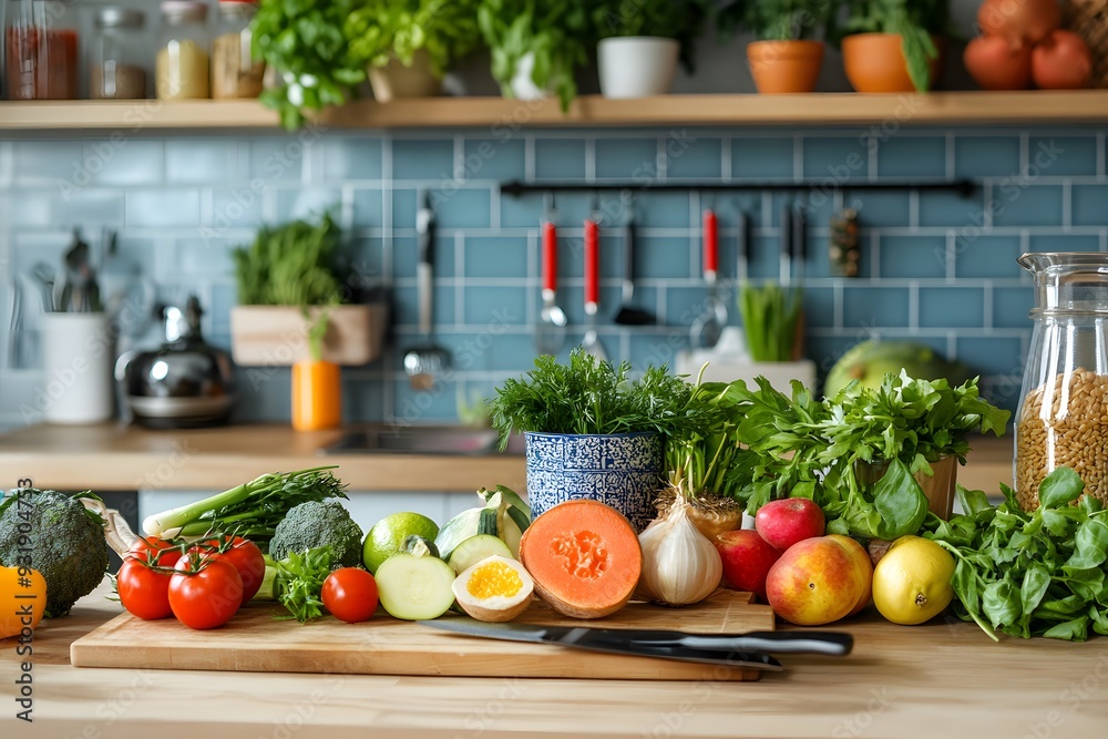 Healthy meal prep with fresh vegetables and fruits, clean and vibrant kitchen setting Healthy meal prep with fresh vegetables and fruits, clean and vibrant kitchen setting