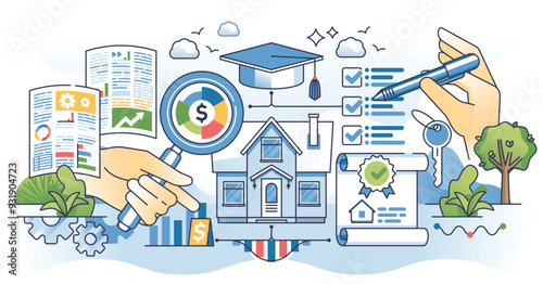 Real estate continuing education and lifelong learning outline hands concept. Study market tendencies in housing market vector illustration. House purchase agent lifelong study about actual trends.