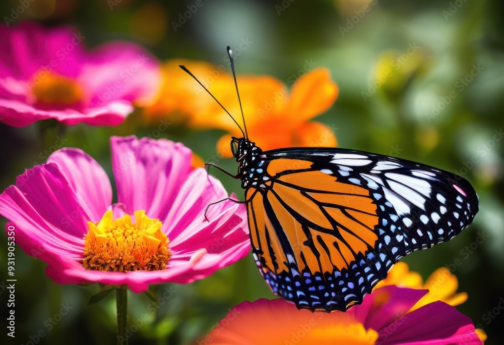 Obraz premium stunning colorful butterfly wings resting vibrant flower petals showcasing beauty intricate patterns, nature, insect, flora, macro, closeup, garden, life, design