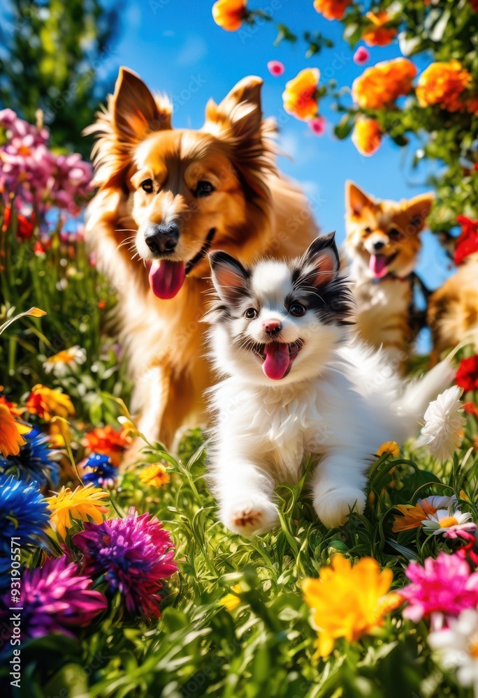 Obraz premium energetic pets playing colorful environment full life joy, dog, cat, animal, fun, activity, energy, vibrant, garden, outdoor, indoor, scene, movement