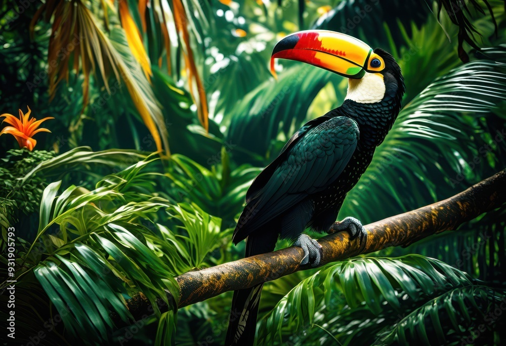 Naklejka premium vibrant jungle animals surrounded lush greenery dense foliage lively tropical environment, wildlife, nature, plants, leaves, habitat, rainforest, exotic