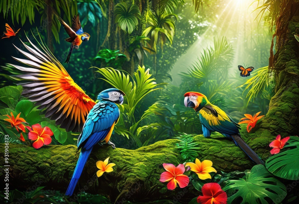Fototapeta premium vibrant jungle ecosystem featuring rich diversity animal species amidst lush greenery colorful flora, habitat, wildlife, tropical, rainforest, fauna, plants