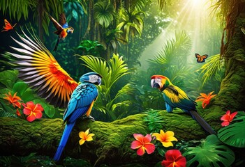 Crédence de cuisine  vibrant jungle ecosystem featuring rich diversity animal species amidst lush greenery colorful flora, habitat, wildlife, tropical, rainforest, fauna, plants  © Yaraslava