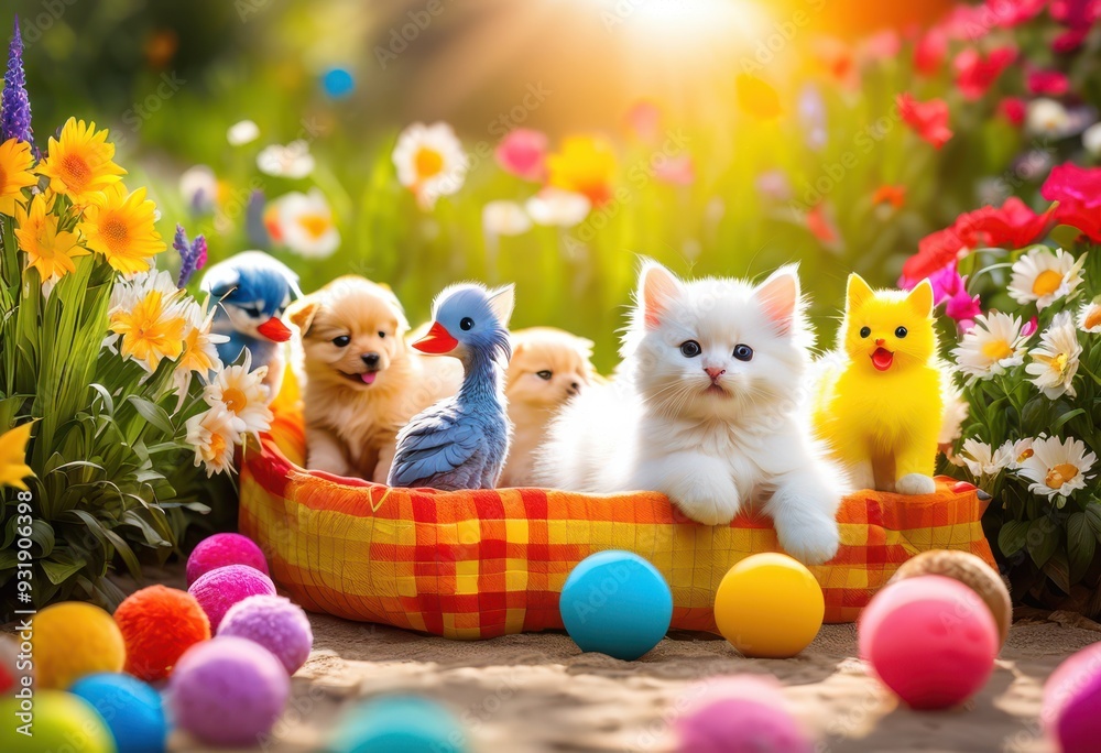 Fototapeta premium vibrant pets engaging playfully colorful toys accessories lively environment, animals, gear, interactive, fun, activity, companions, entertainment, bright