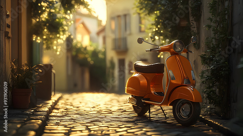 A vintage orange scooter parked on a cobblestone street. photo