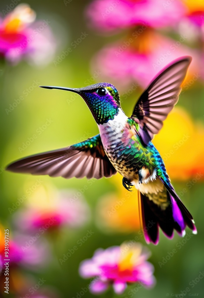 Fototapeta premium vibrant hummingbird flitting among colorful blooms thriving garden paradise filled lush foliage bright petals, flowers, nature, plants, landscape, beauty