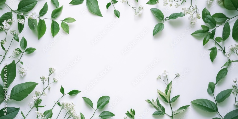 White background with green leaves and white flowers White background with green leaves and white flowers